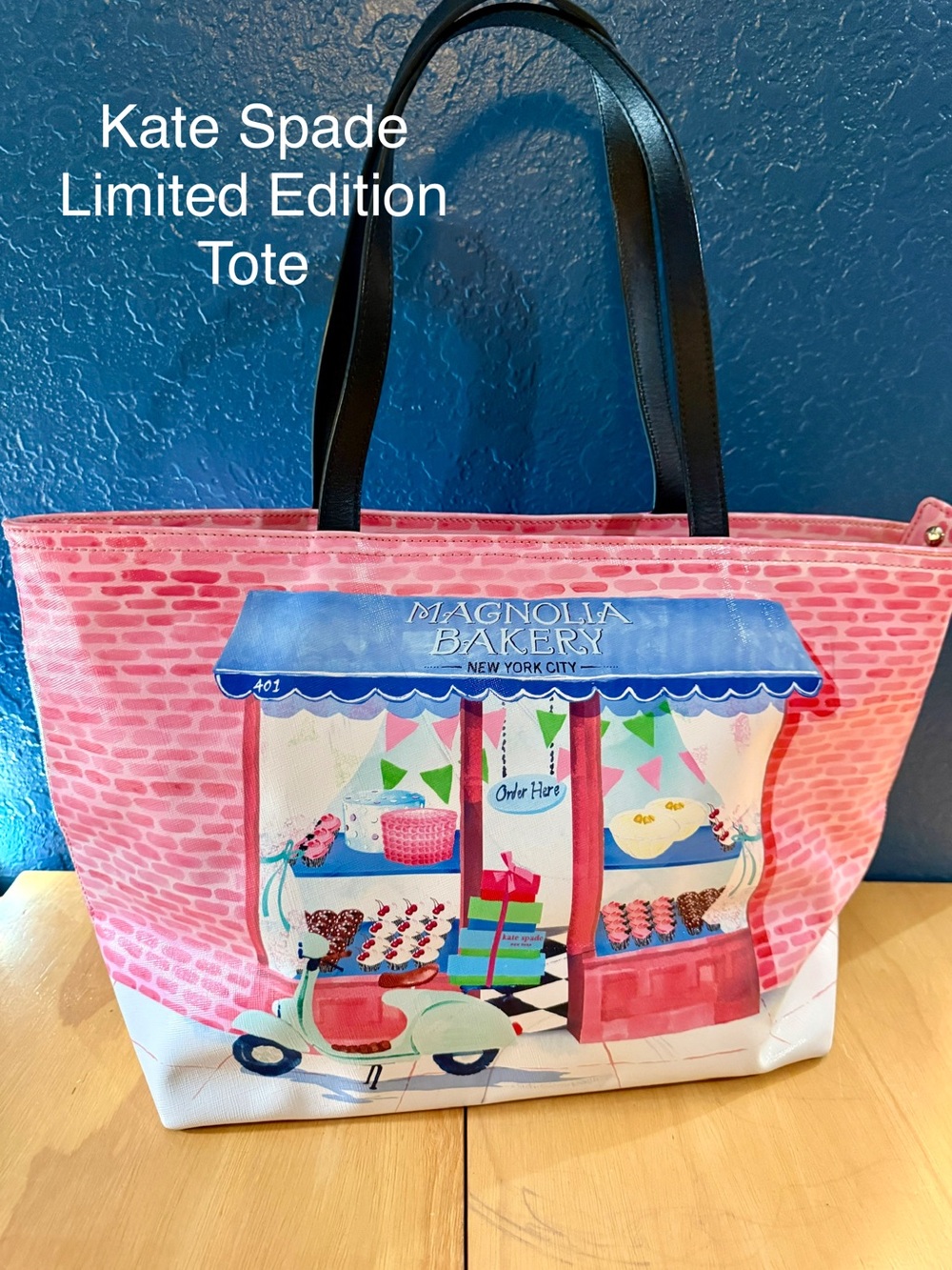 kate spade Pink Magnolia Bakery Print Tote with Black Straps